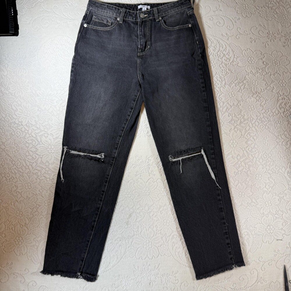 BP. Jeans Womens 30 Gray High Rise Mom Relaxed Distressed Fringe Hem Denim